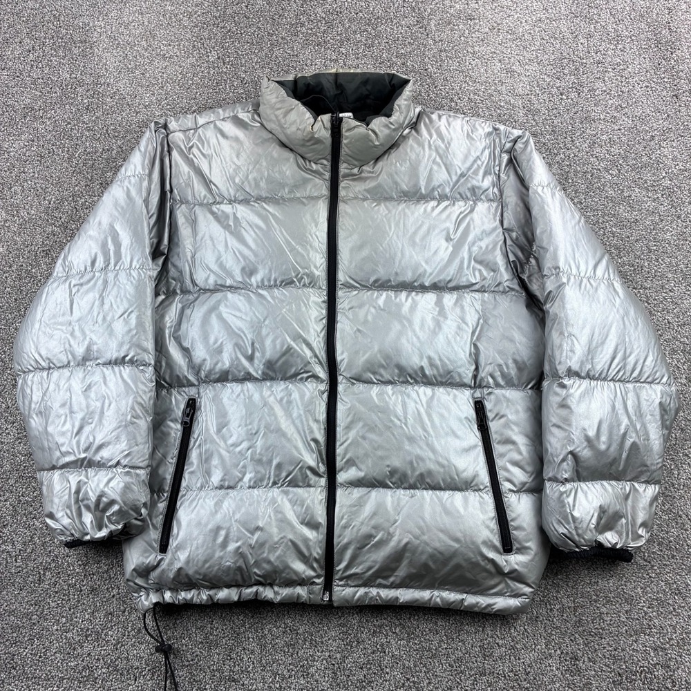 Vintage Lands End Puffer Jacket Mens Large Silver Nylon Goose Down Reversible